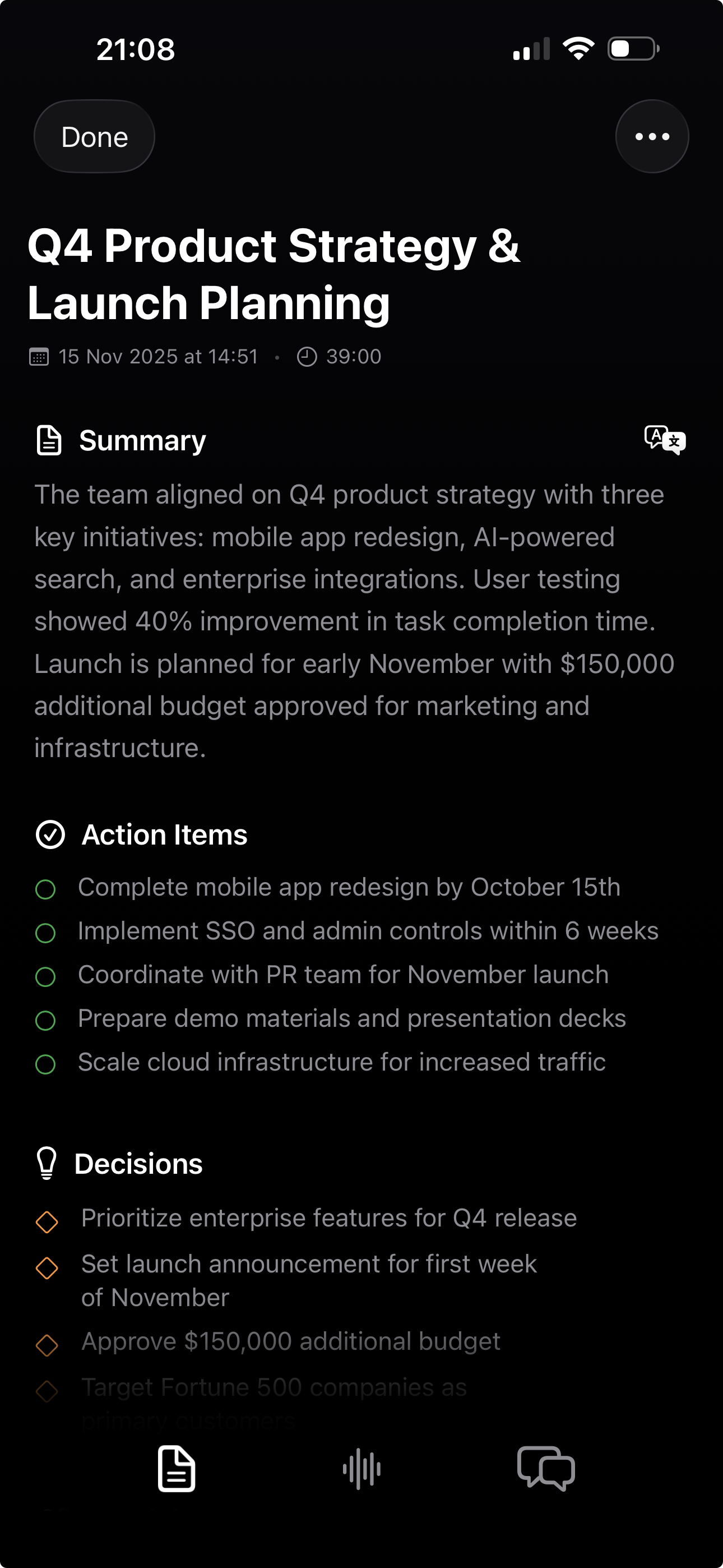 Whisperer AI summary screen